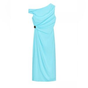 Zara One-Shoulder Aqua Dress with Side Ring Detail, asymmetric linen midi dress